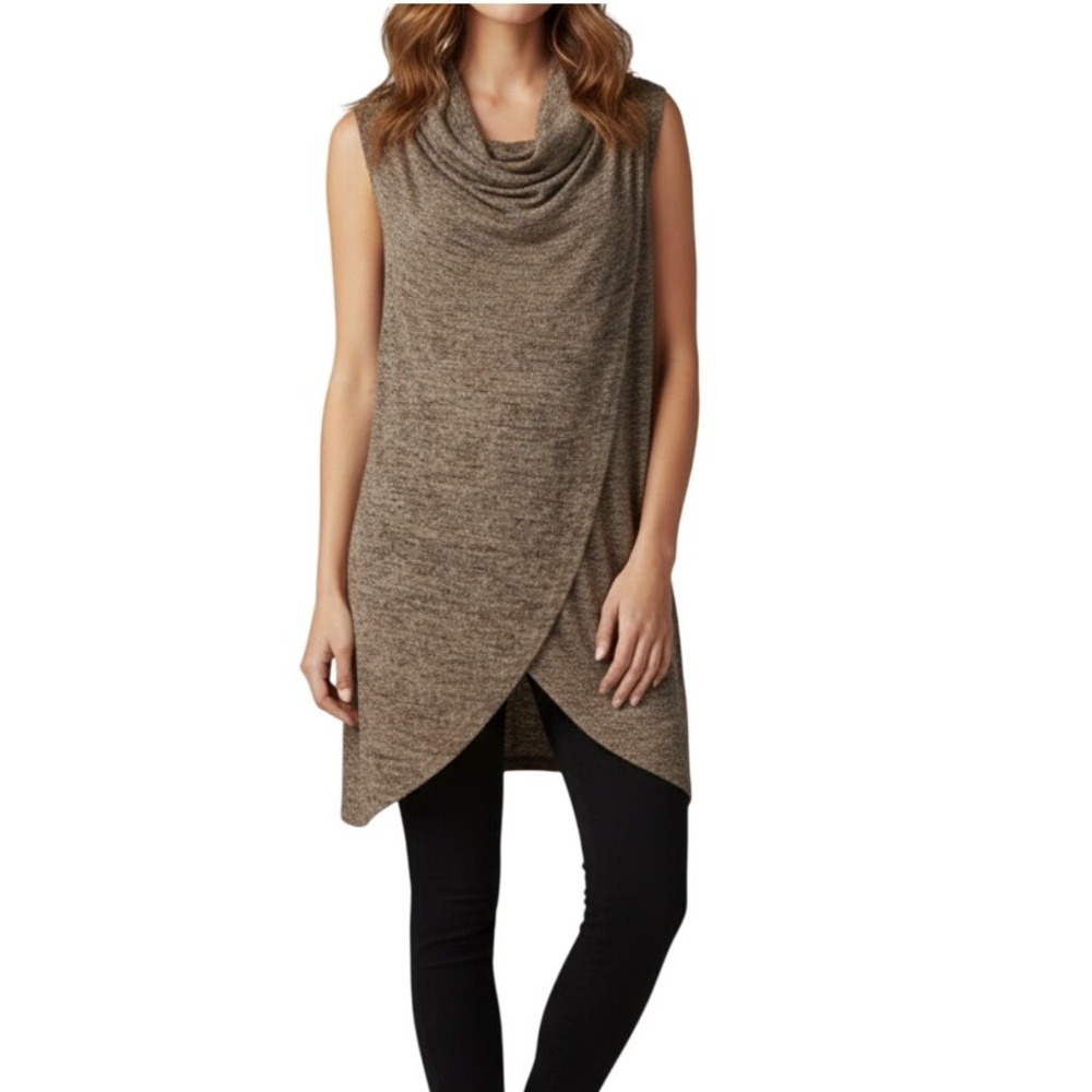Olivia Sky Women Size‎ L Beige Heather Cowl Neck Sleeveless Wrap Tunic Vest